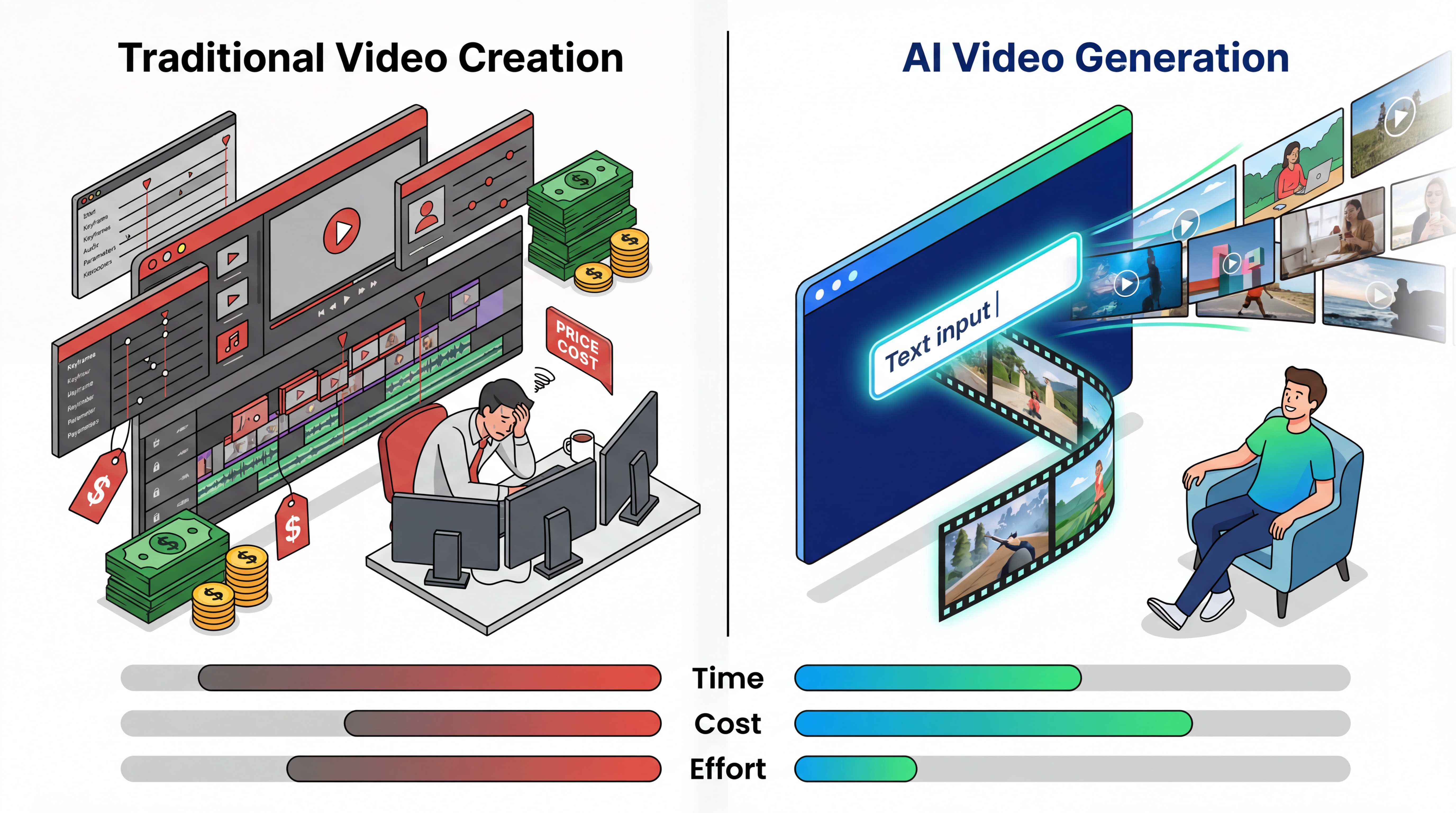  Benefits of AI video generator showing comparison between traditional video creation and AI video generation