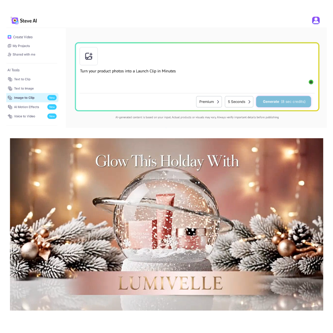 Turn your product photos into a launch clip in minutes with Steve AI