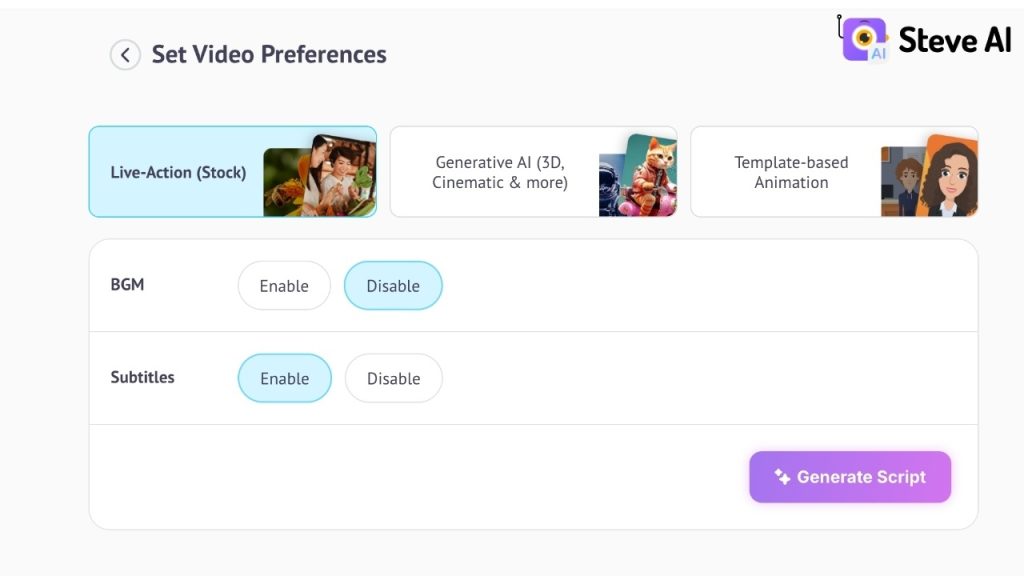 Select the type of video in steve AI - live action, gen AI and animation