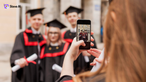 a college student who live-streams their graduation using a cameras. Steve AI