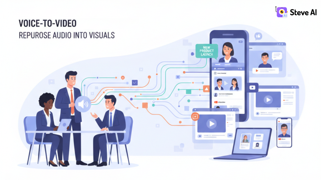 For Marketers & Businesses: Transform Voice Content Into Branded Videos - repurpose voice to video with Steve AI